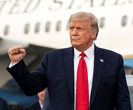 Donald J. Trump leaves Air Force One recently. Trump is running for reelection against Joe Biden.