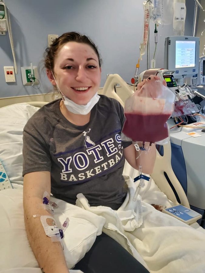 Days Creek English teacher Hailey Collins displays blood being drawn while donating immature white blood cells through the Be The Match foundation in January.