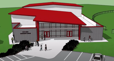An artists rendering of the proposed Days Creek Community Center, a gym, cafeteria and stage that would be made possible by a property tax increase and matching state grant.