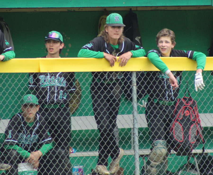 Days Creek players, from left, Hayden Harris, Ryan Newton, Kacey Benefiel and James Buckner watch a their Riddle teammates from the dugout. Days Creek could have its own team in 2023.