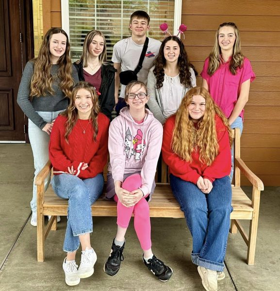 Members of the Days Creek leadership class, clockwise from top left, Gracie Stone,  Shayleigh Lynn, Daniel Brown, Natalie Harris, Ava Payne, Kaleigh Loiodici, Jana Ewing and Mariah Gallagher. The class went on a field trip to Brookdale Memory Care Center on Feb. 14 to deliver valentines to patients.
Photo courtesy Rachel Matchett