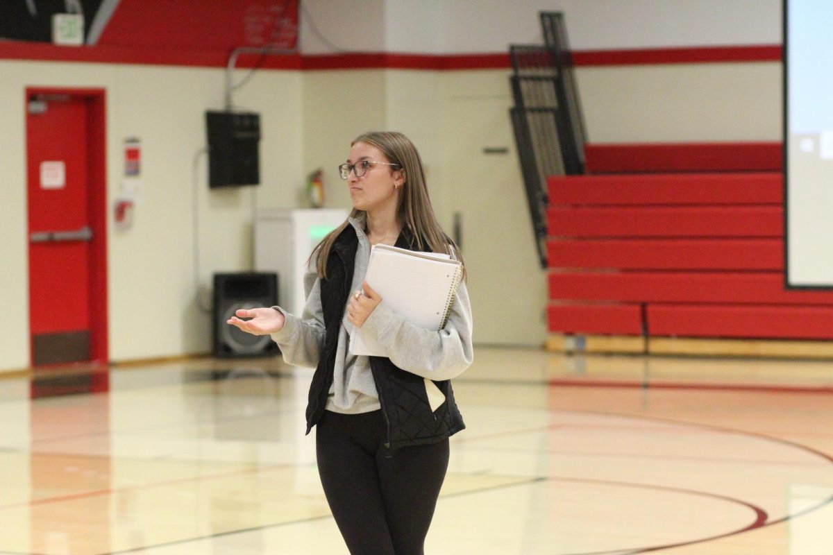 Student body president Mariah Gallagher speaks to an assembly audience last school year. Gallagher is running unopposed to remain president.