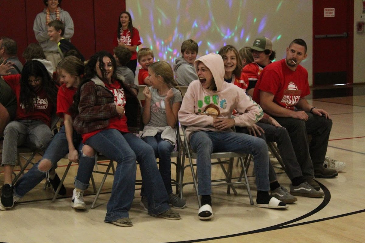 Days Creek students play musical chairs during the 2023 pep assembly. Theme days and homecoming court for this year's homecoming week was announced Tuesday. 