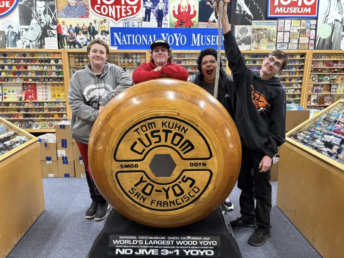 Days Creek students, from left, Rowen White-Davis, Chyson Hayes, Ezra Bloom and Owen Fain visit the National Yoyo Museum in Chico on Feb. 8. The students were in California to compete in a meat judging competition.