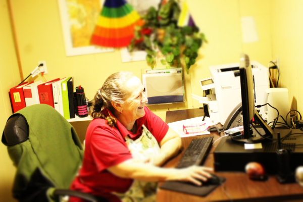 Sarah Luster, pictured in her office adjacent to the cafeteria, is retiring this school year after decades of work for the school district.