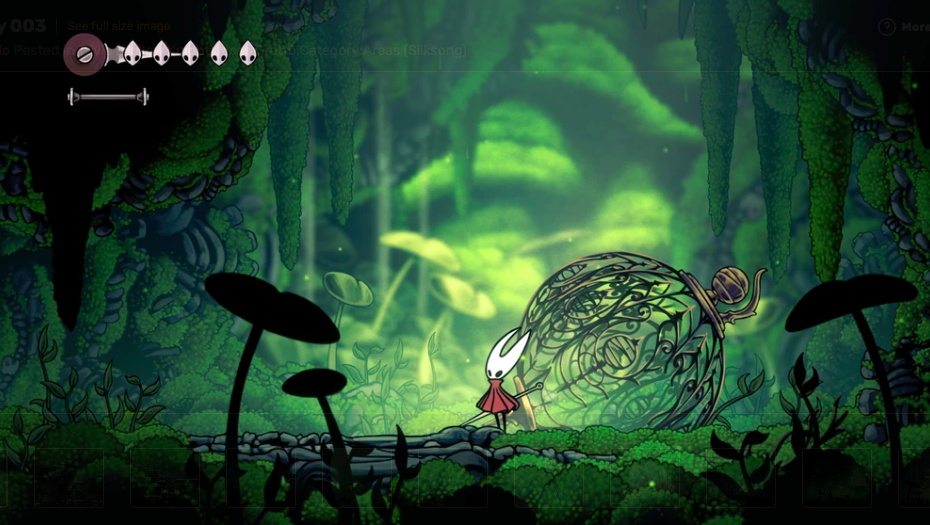 A screen shot of Moss Grotto, the opening area of Hollow Knight: Silksong. Image courtesy Hollow Knight Wiki.